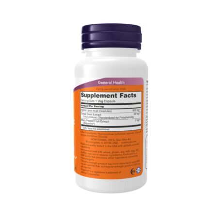 Now Alpha Lipoic Acid Extra Strength 600mg 60 Veg Caps Supplement Facts