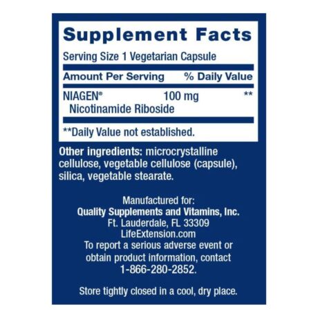 Life Extension NAD+ Cell Regenerator 100mg 30 Veg Caps Supplement Facts