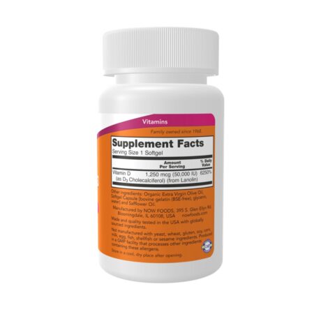 Now Vitamin D3 50000IU 1250mcg 50 Soft Gels Supplement Facts
