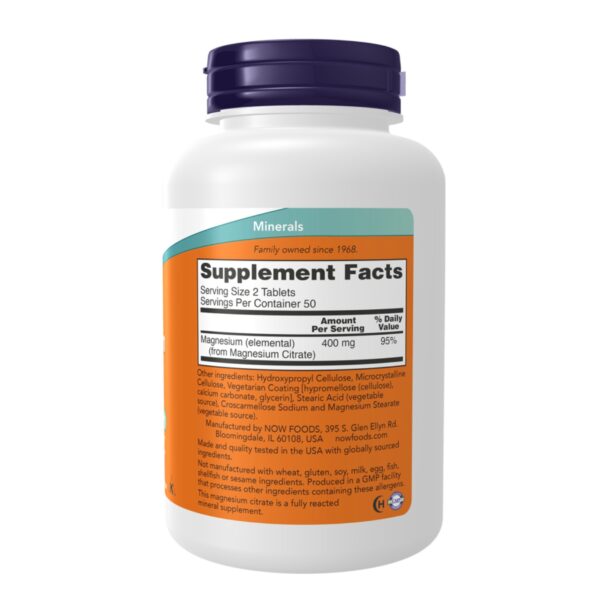 Now Magnesium Citrate 100 Tablets Supplement Facts