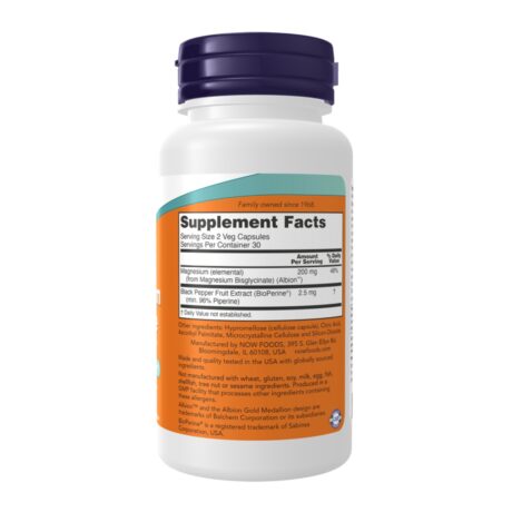 Now Foods Magnesium Glycinate With BioPerine 60 Veg Caps Supplement Facts
