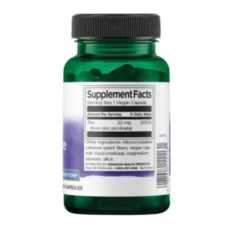 Swanson Zinc Picolinate 22mg 60 Vegan Caps Facts